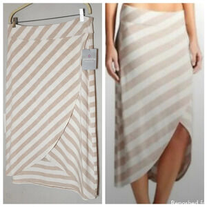 NWT Athleta Jersey Ribbon Stripe Cream Beige Pullon Faux Wrap Midi Skirt XL